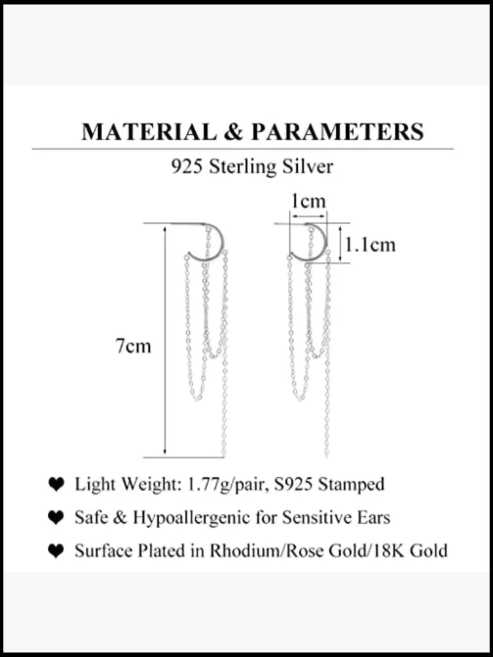Sterling Silver Dangle Earrings Tassel Chain Threader Elegant Gift Box